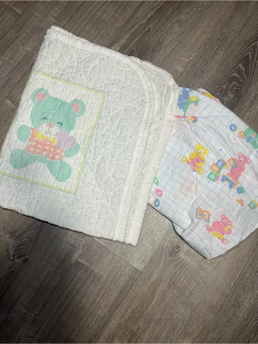 Vintage Crib Quilted Blanket & Sheet Set Teddy Bear Sheep Duck Pastel Nursery